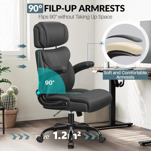Miniatura 7 de Silla de oficina, silla ergonómica grande y alta para escritorio de computadora con reposacabezas ajustable retráctil, silla ejecutiva de cuero