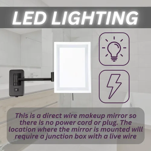 Miniatura 9 de JERDON Espejo de maquillaje rectangular para montaje en pared con aumento 5X, espejo de maquillaje de alambre directo con luces LED, negro mate