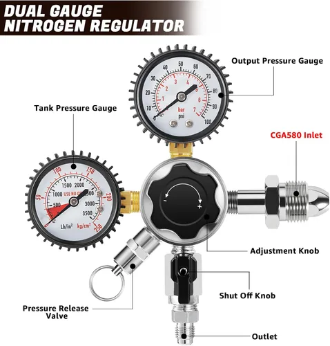 Miniatura 2 de CGA-580 Regulador de nitrógeno para barril, regulador de cerveza, regulador de nitrógeno de café con presión de entrega de 0-100 PSI, regulador