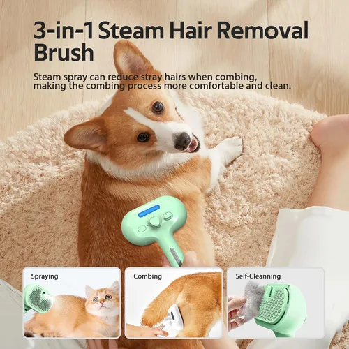 Miniatura 6 de Cepillo de aseo para mascotas con spray electrónico de niebla - Herramienta suave de eliminación de pelo para gatos y perros, Cepillo de vapor