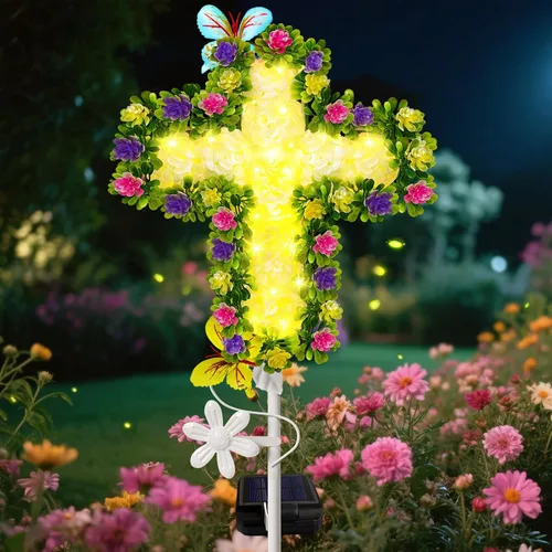 Miniatura 10 de YJFWAL Luz Solar de Estaca de Jardín con Cruz de Cristal, Decoraciones de Cementerio para Luces Exteriores de Tumba, Regalos Conmemorativos