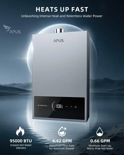 Miniatura 2 de APUS Calentador de agua sin tanque de gas natural, hasta 4.42 GPM, calentador de agua sin tanque para interiores, 95,000 BTU bajo demanda