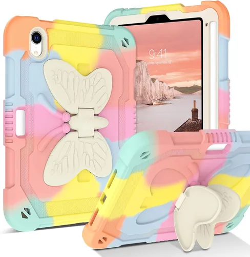 Miniatura 10 de DUEDUE Funda para iPad mini 7 (A17 Pro) 2024, iPad mini 6 2021, alas de mariposa con soporte para lápiz, funda protectora a prueba de golpes