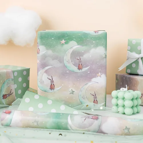 Miniatura 5 de RUSPEPA Rollo de papel de regalo reversible, rollo jumbo, conejo lunar y patrón de puntos para envoltura de regalos neutros de bebé, fiesta