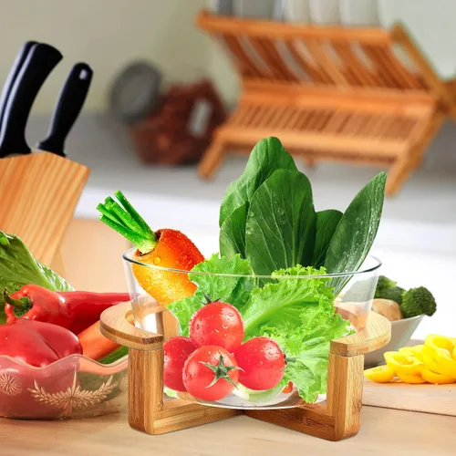 Miniatura 9 de Ensaladera grande de vidrio con base de madera, 84.5 fl oz, resistente al calor, para frutas, aperitivos, postres, microondas y lavavajillas, ideal