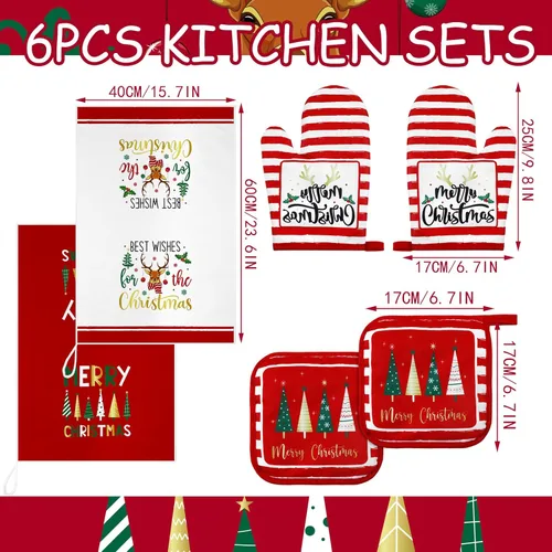 Miniatura 3 de Bencailor Juego de 6 Piezas Toallas de Cocina Navideñas Manoplas de Horno y Soportes para Ollas Tema Navideño Toallas de Platos Guantes de Horno