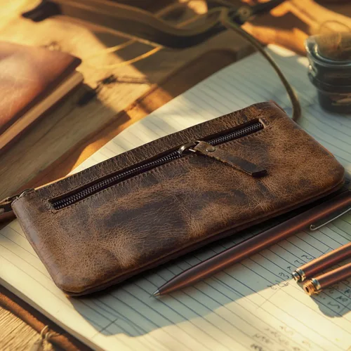 Miniatura 6 de LEATHER VILLAGE Estuche de Cuero para Lápices y Bolígrafos - Marrón Rústico/Vintage - 8"X4" - Doble Bolsillo - Elegante y Práctico Estuche