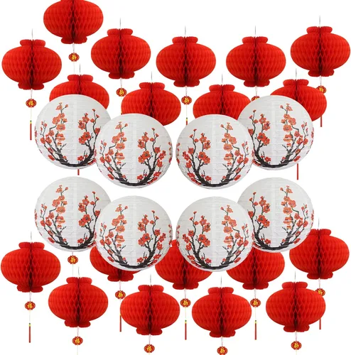 Miniatura 10 de Hoypeyfiy Paquete de 10 linternas de papel de flor de cerezo, 12 pulgadas, linternas japonesas Sakura rojas y blancas, linternas de papel redondas