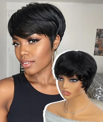 QUEEN VIRGIN REMY QVR Pixie Cut Wig Human Hair Wigs with Bangs Short Wigs for Black Women Human Hair Different Style Pixie Wig for Daily Wear Black