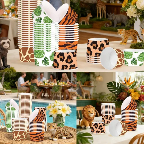 Miniatura 6 de 120 tazas desechables de 12 onzas de helado de animales de safari en la selva, leopardo, tigre, cebra, jirafa, papel con estampado de jirafa