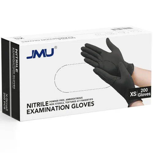 JMU Guantes de Nitrilo Negros 200/Caja, Guantes de Examen Desechables de Nitrilo de 3.5Mil, Sin Látex Sin Polvo, Guantes Seguros para Alimentos, XS