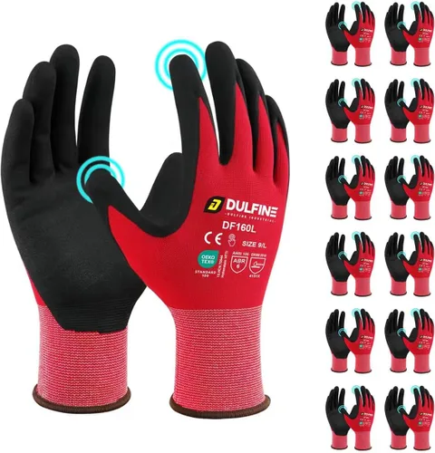 Miniatura 14 de DULFINE Safety Work Gloves for Men & Women, MicroFoam Nitrile Coated Nylon Black Grip for General Purpose, 3/6/12/36 Pairs Gris