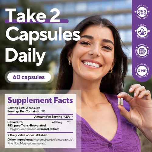 Miniatura 5 de VitaUp Suplemento de trans-resveratrol – 98% pureza en cápsulas de resveratrol fabricadas en Estados Unidos 600 mg – estandarizado al 98%