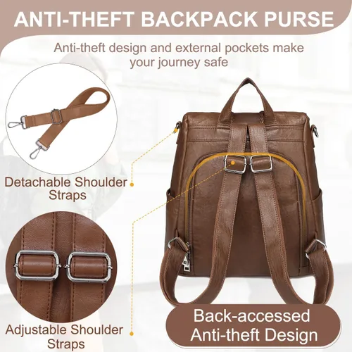 Miniatura 4 de VASCHY - Mochila para mujer, de piel sintética, moderna, antirrobo, mochila para mujer, con tejido clásico., Marrón), VAAU061BR