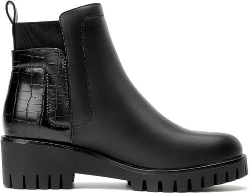 Miniatura 3 de CentroPoint Botas de tobillo Chelsea con plataforma de moda para mujer, suela de lengüeta, botas de combate, punta redonda, zapatos de invierno