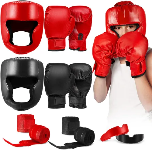 Kanayu Juego de 12 piezas de equipo de boxeo para niños principiantes de 6 a 18 años, incluye casco de boxeo y guantes, vendas, protectores bucales