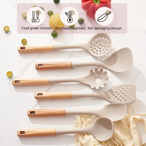 Miniatura 6 de Juego de utensilios de cocina de silicona, 8 piezas antiadherentes con soporte, utensilios de cocina caqui con asas de madera, juego de cocina