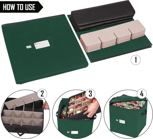 Miniatura 3 de Caja de almacenamiento para adornos navideños, 4 capas, se adapta a 64 bolas de ornamentos, fabricada con material Oxford 600D duradero Verde