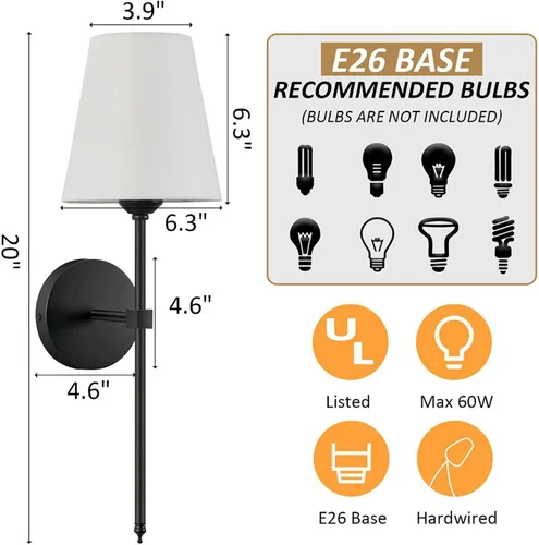 Miniatura 6 de KUAUGST Juego de 2 apliques de pared, lámparas de pared industriales retro, apliques de tocador de baño con pantalla de tela blanca, adecuados