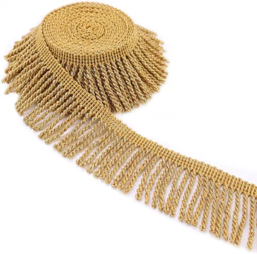 Borde de flecos dorados con flecos para costura, manualidades, pantalla de lámpara, almohada, cortina, disfraz, vestido de baile latino y decoración