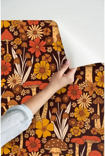 Miniatura 3 de Spoonflower Papel tapiz de despegar y pegar - flor de estilo vintage, retro floral, hippie de los años 70, hongo de los años 70, marrón naranja