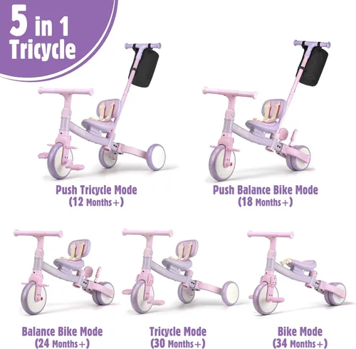 Miniatura 3 de Phobby Triciclo 5 en 1 para niños pequeños con mango de dirección para niños de 1, 2, 3, 4 años, triciclo para niños con pedales extraíbles, juguete