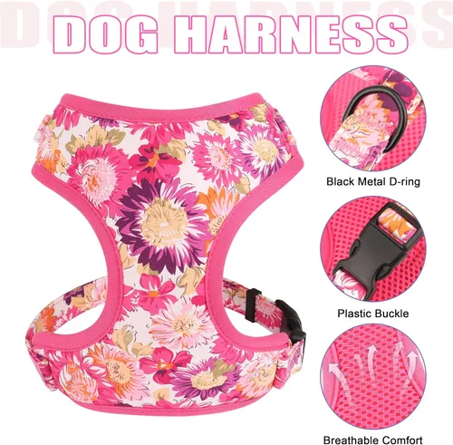 Miniatura 2 de Beirui Collares, arneses y correas lindos para perritas, juego de collar y correa ajustable para perros con flor - Chaleco de malla suave
