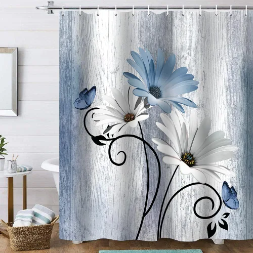 Miniatura 2 de Onalasyc Juego de 4 Piezas de Cortinas de Ducha con Flores de Margaritas Azules y Plantas, Cortina de Ducha y Alfombra y Accesorios, Juego