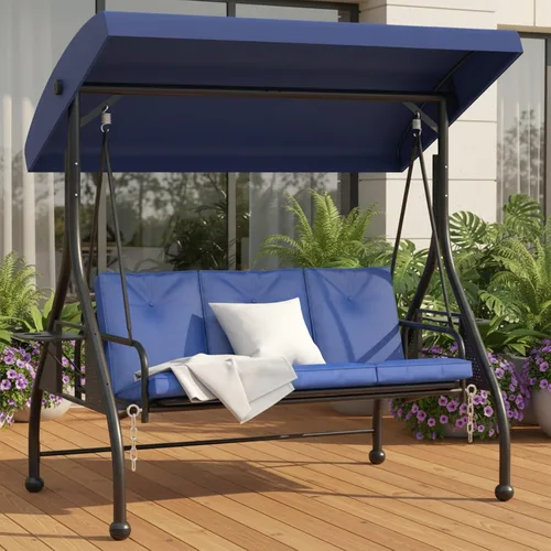 Miniatura 15 de Cama columpio para porche de 3 asientos con toldo ajustable y cojines extraíbles, marco de acero resistente, columpio para patio al aire libre, Azul
