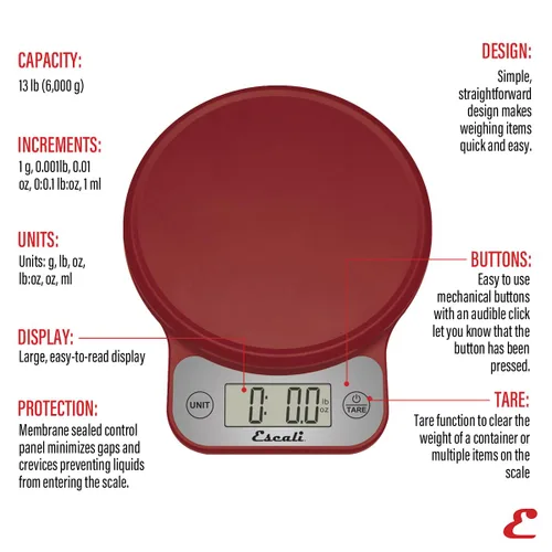 Miniatura 2 de Escali Telero - Báscula digital de alimentos, báscula de cocina de alta precisión para cocinar, hornear, control de porciones, preparación de Rojo