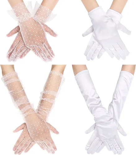 Bencailor 4 pares de guantes de encaje y guantes de satén, guantes de ópera, guantes cortos y largos, guantes de fiesta de té de los años 50,