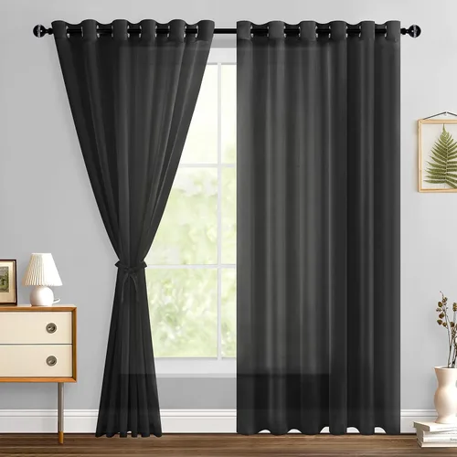 Miniatura 135 de Hiasan - Cortinas traslúcidas de gasa cortas semitransparentes con ojales y alzapaños filtrantes de luz para ventana, dormitorio, baño, 2 paneles