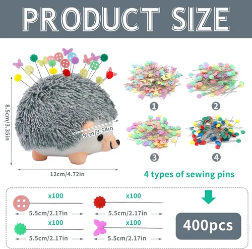 Miniatura 4 de Fteven Juego de 400 alfileres rectos de cabeza plana para erizo, lindo alfiler con caja de almacenamiento transparente y alfileres de acolchado, 400