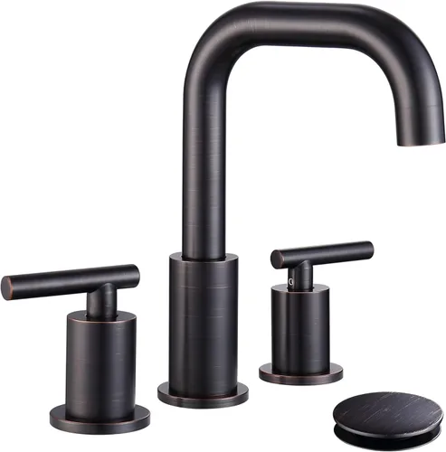 Grifo de Baño de Bronce Frotado con Aceite de 3 Orificios, 2 Manijas Grifo de Baño Extendido de Bronce Frotado con Desagüe Emergente para Fregadero