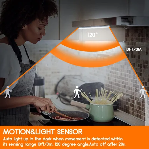 Miniatura 4 de Paquete de 4 luces LED con sensor de movimiento, 10 luces LED para armario, funciona con pilas, barra de luz nocturna magnética adhesiva