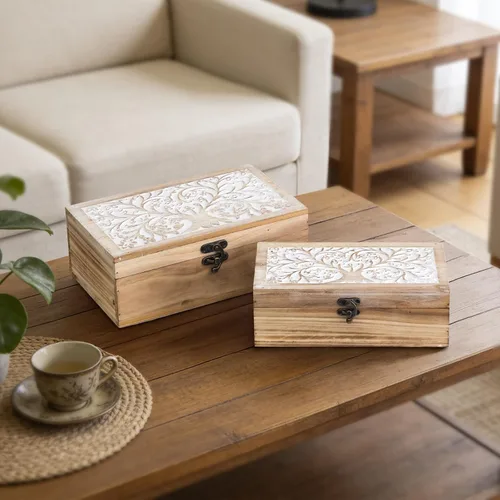 Miniatura 9 de 2 cajas de recuerdo de madera tallada con tapa con árbol de la vida, cajas de almacenamiento decorativas para decoración del hogar, caja