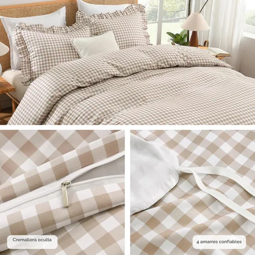 Miniatura 6 de Andency - Funda de edredón Gingham tamaño Queen, funda de edredón de estilo granjero con volantes en color marrón claro y estilo shabby chic, juego