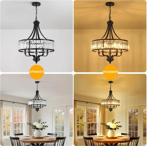 Miniatura 6 de Lámpara de araña moderna negra de cristal, lámpara de araña de 5 luces para comedor de estilo granja sobre mesa, lámpara colgante industrial de Negro
