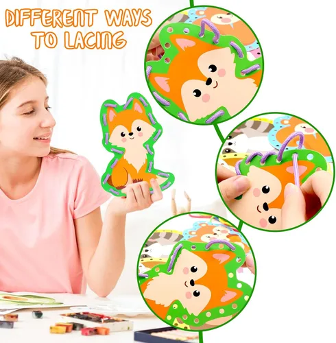 Miniatura 4 de Omlisca Tarjetas con cordones de animales del bosque para niños, paquete de 12 tarjetas de costura de animales del bosque, búho, zorro, oso, bosque