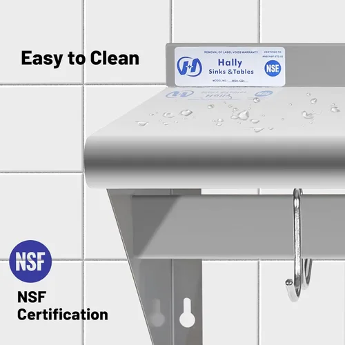 Miniatura 5 de Hally Estante de Acero Inoxidable con 6 Ganchos 12" x 36" Estante para Ollas Montado en Pared, Estantería Flotante Comercial NSF para Almacenamiento