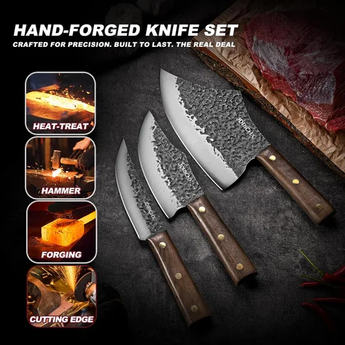 Miniatura 6 de Juego de 3 cuchillos de carnicero, juego de cuchillos de carnicero forjados a mano y cuchillo para deshuesar con mango de espiga completa, juego