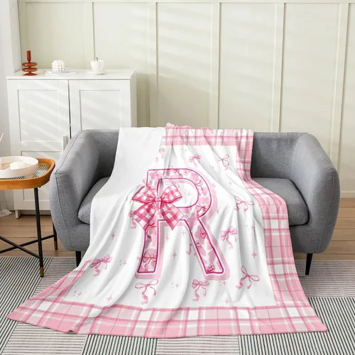 Miniatura 14 de Erosebridal Manta de franela con inicial de letra B, manta de forro polar con lazo rosa, 40 x 50 pulgadas, bonitos lazos del alfabeto, manta