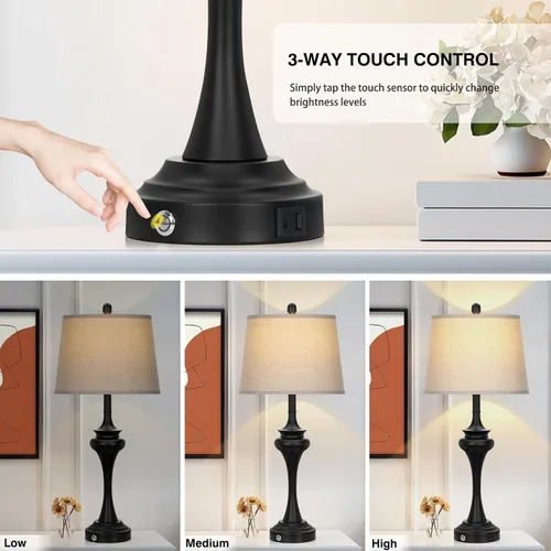 Miniatura 3 de Rinweey Lámpara de mesa plateada de 30 pulgadas individual, lámpara de noche de control táctil de 3 vías con puertos USB A+C, modernas lámparas