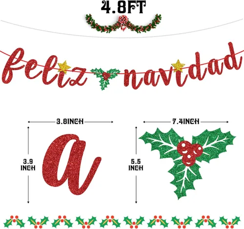Miniatura 2 de Banner de Feliz Navidad con purpurina roja, guirnaldas de banderines de Navidad españolas, decoración de fiesta festiva, manto de invierno