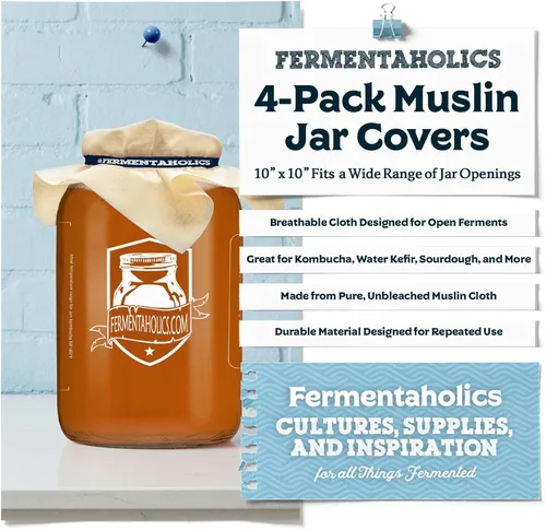 Miniatura 3 de Fundas de muselina sin blanquear para kombucha, paquete de 4 con bandas de goma, cuadrado de 10 pulgadas que se adapta a una amplia variedad
