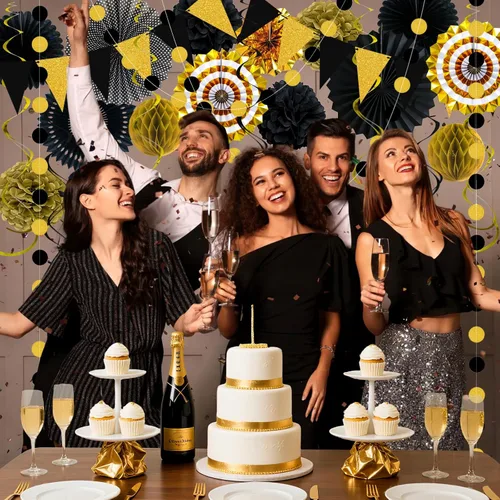 Miniatura 6 de 24 decoraciones de fiesta negras y doradas, abanicos de papel, guirnaldas de pompones de panal, suministros colgantes reutilizables para graduación