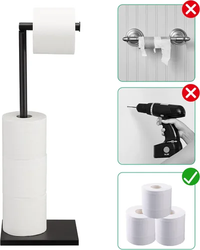 Miniatura 5 de Soporte de papel higiénico independiente para el baño con reserva, soporte de rollo de papel higiénico de acero inoxidable, pedestal negro DECLUTTR