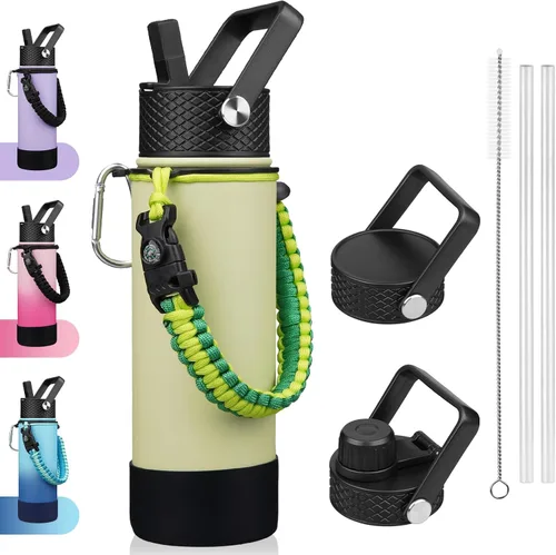 Miniatura 22 de BJPKPK - Botella de agua con tapa de popote, botellas de agua aisladas de 18 onzas con 3 tapas, asa de cuerda de paracaídas y base antideslizante