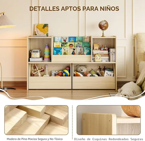 Miniatura 5 de EXPERLAM Estantería de madera maciza para niños y organizador de almacenamiento de juguetes, estantería Montessori 3 en 1 con cubos