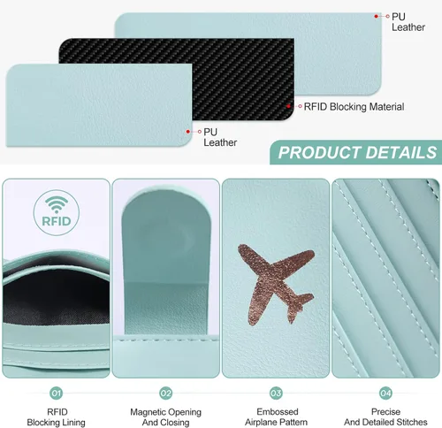 Miniatura 5 de Foreate Cartera para pasaporte con cremallera, cartera de viaje con ventana de identificación, funda de pasaporte, tarjetero con bloqueo RFID, Verde